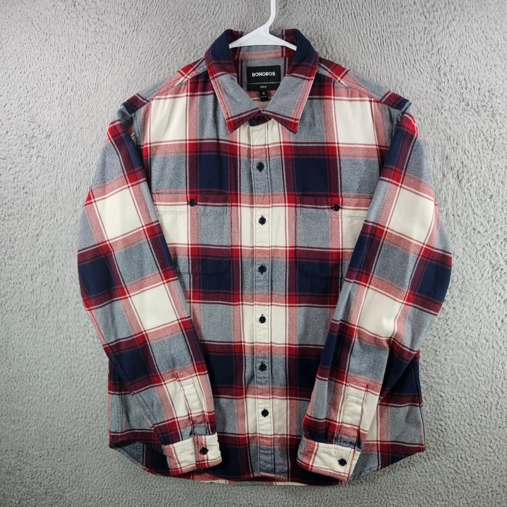 Bonobos Slim Fit Flannel Shirt Mens XL Red White Blue Plaid Cotton Button Down